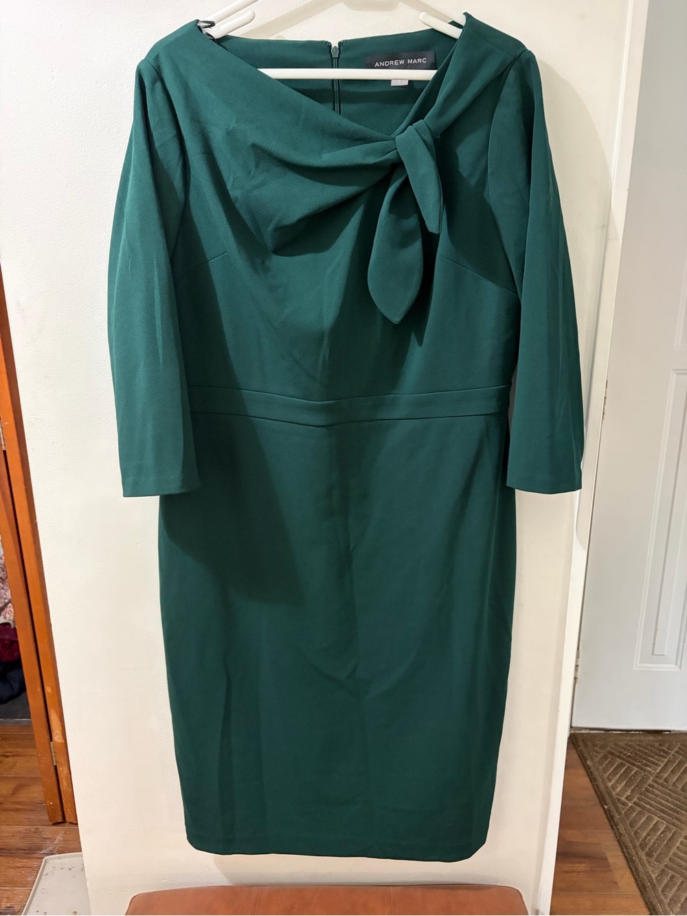 Andrew Marc Deep Emerald Tie-Neck Long Sleeve Sheath Dress